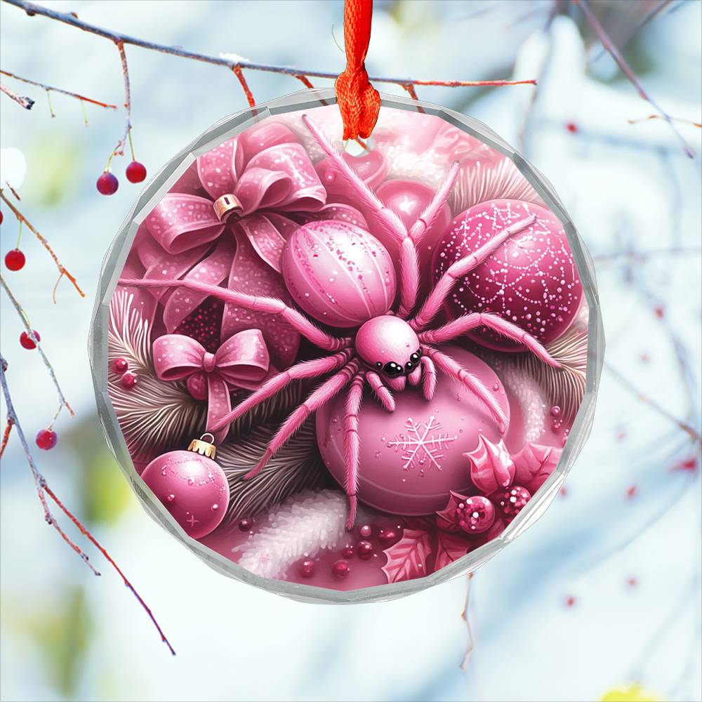 Spider Pink Christmas Design 4 Glass Ornament