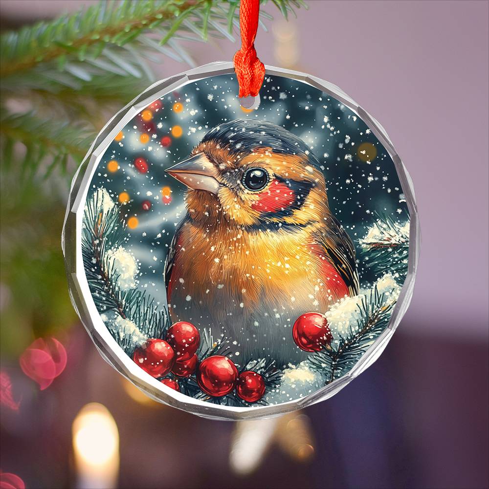 Beautiful Finch Christmas Night Design 2 Glass Ornament