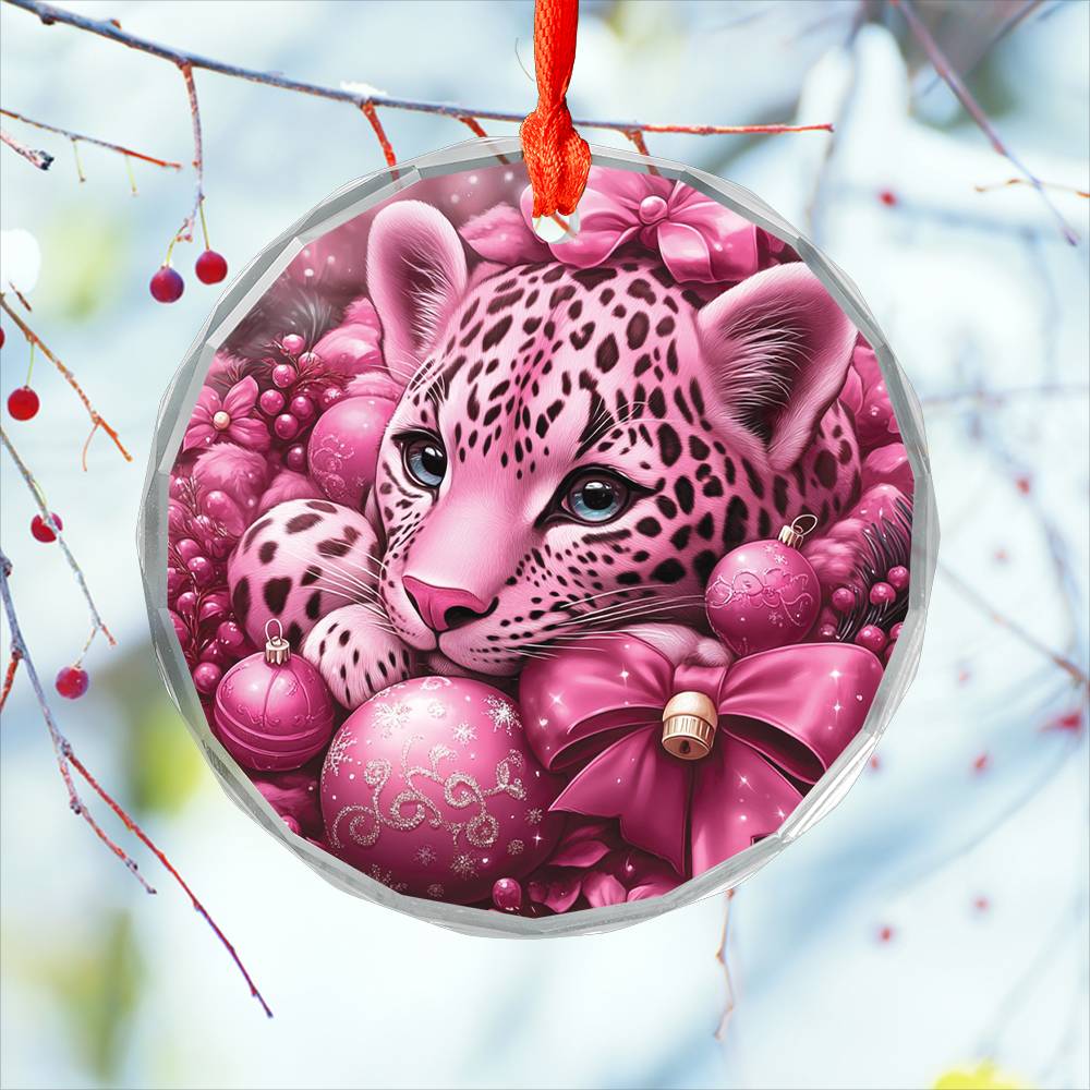 Leopard Pink Christmas Design 3 Glass Ornament