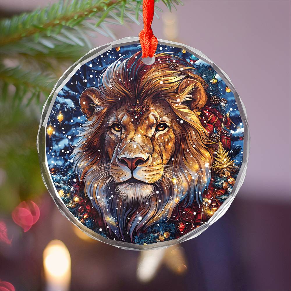 Beautiful Lion Christmas Night Design 3 Glass Ornament