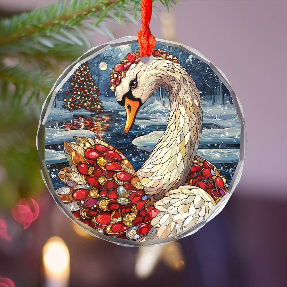 Beautiful Swan Christmas Night Design 3 Glass Ornament