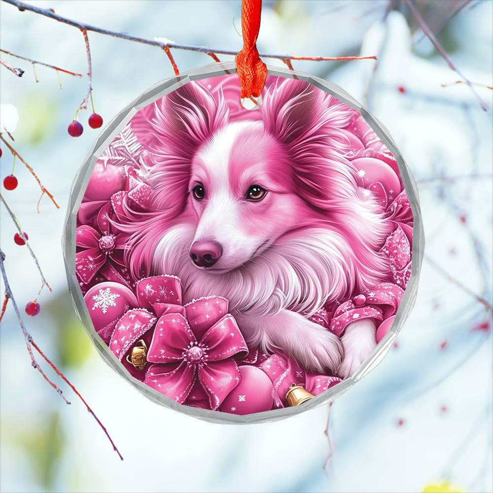 Collie Dog Pink Christmas Design 4 Glass Ornament