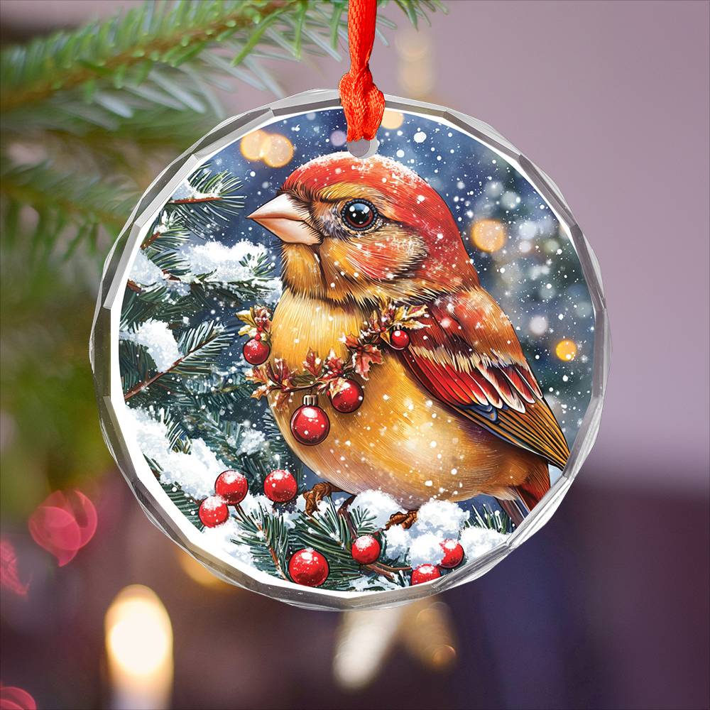 Beautiful Finch Christmas Night Design 3 Glass Ornament