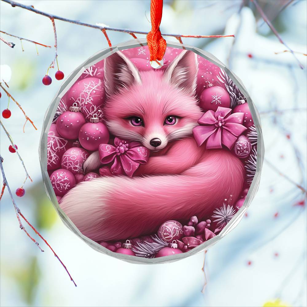 Fox Pink Christmas Design 1 Glass Ornament