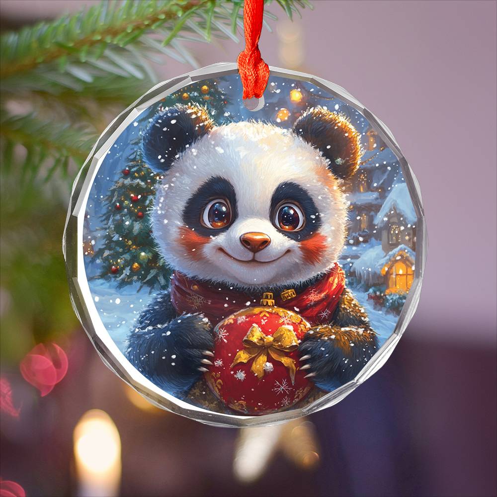 Beautiful Angus Panda Christmas Night Design 3 Glass Ornament