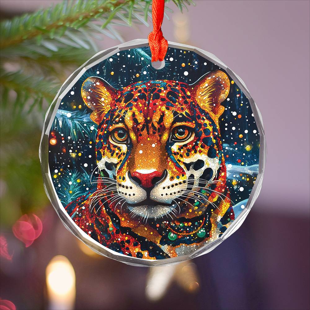 Beautiful Jaguar Christmas Night Design 4 Glass Ornament