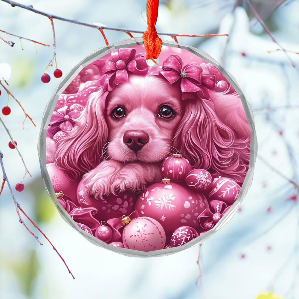 Cocker Spaniel Dog Pink Christmas Design 1 Glass Ornament