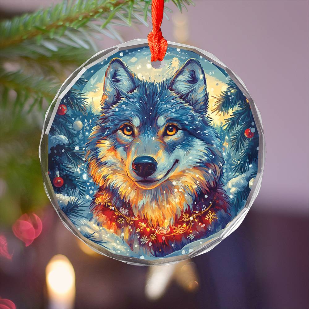 Beautiful Angus Wolf Christmas Night Design 2 Glass Ornament