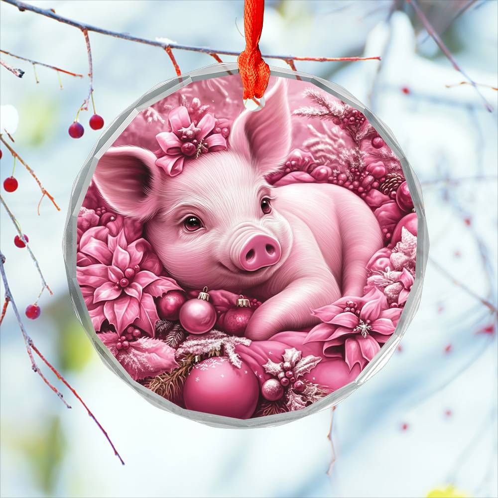 Pig Pink Christmas Design 2 Glass Ornament