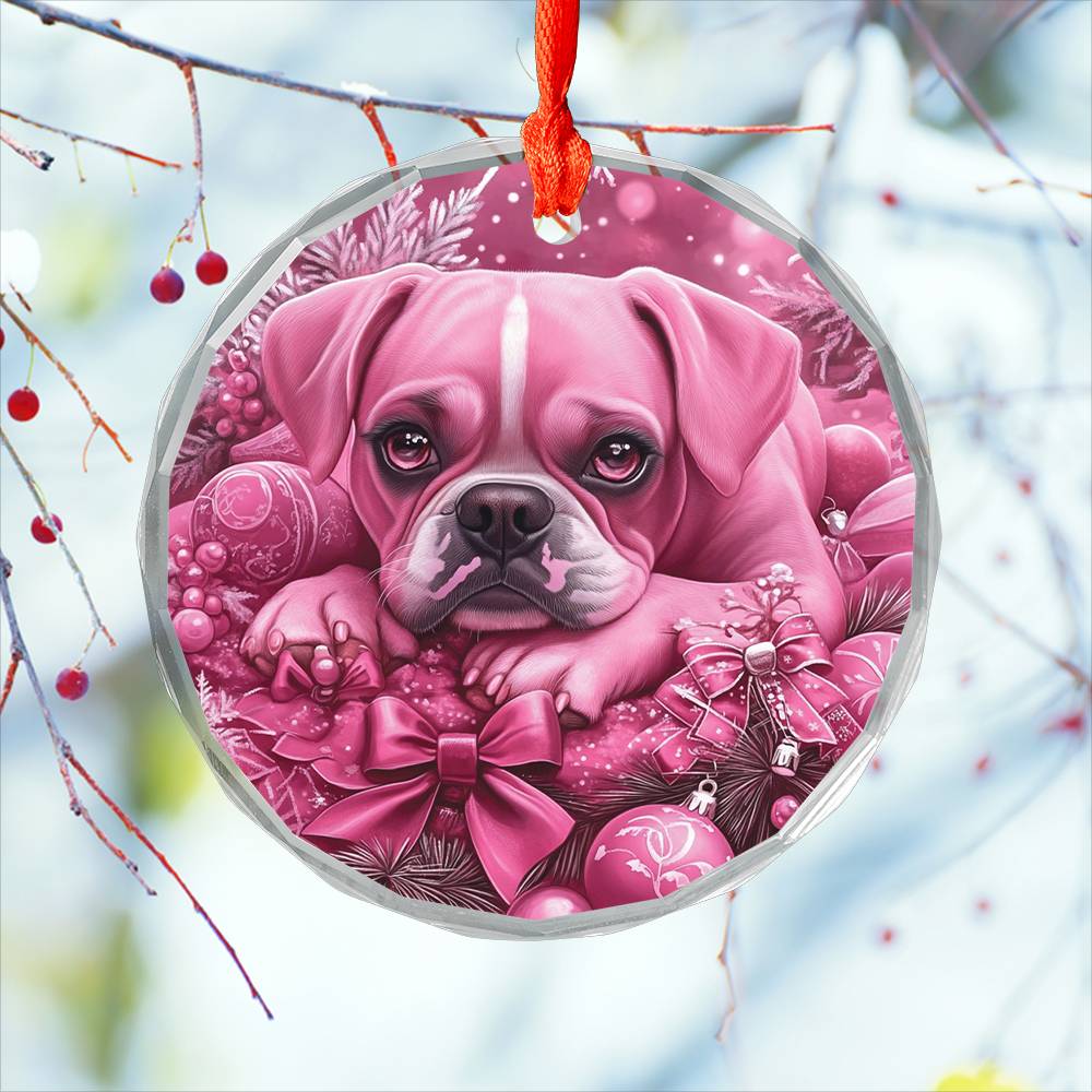 Boxer Dog Pink Christmas Design 2 Glass Ornament