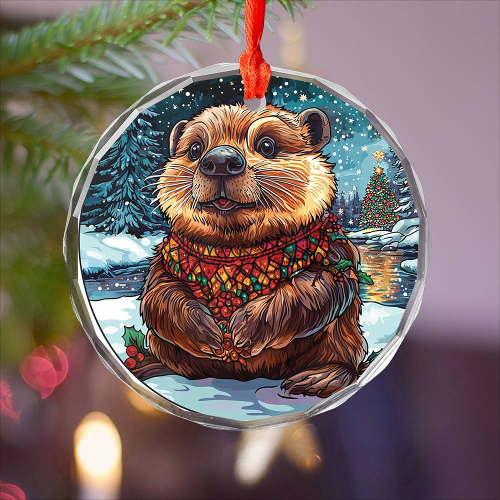 Beautiful Angus Beaver Christmas Night Design 1 Glass Ornament