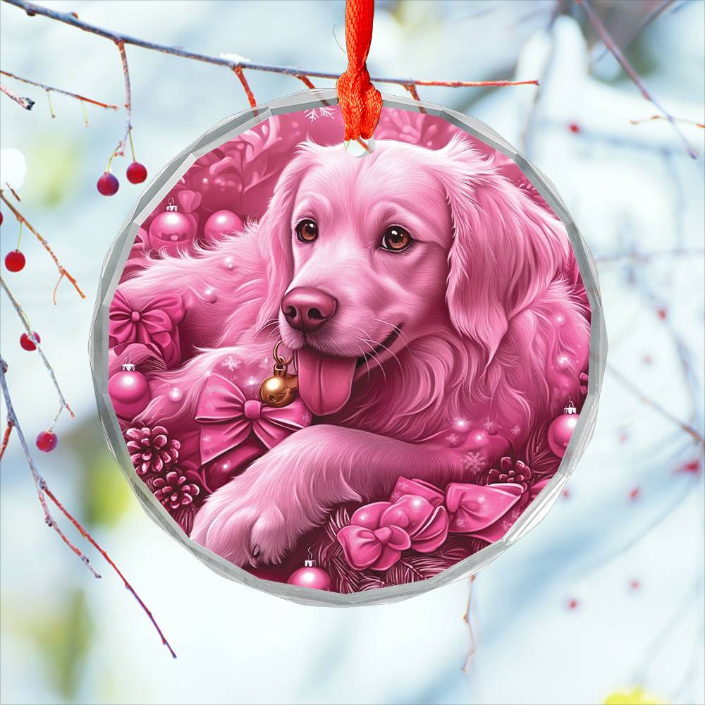 Golden Retriever Dog Pink Christmas Design 2 Glass Ornament