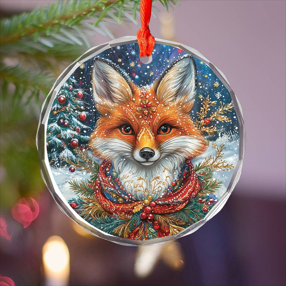 Beautiful Angus Fox Christmas Night Design 1 Glass Ornament