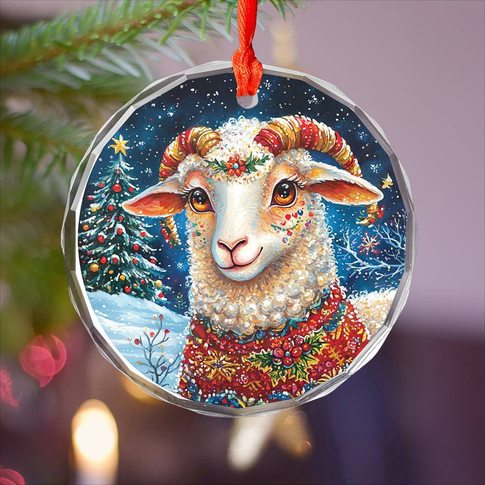 Beautiful Sheep Christmas Night Design 2 Glass Ornament