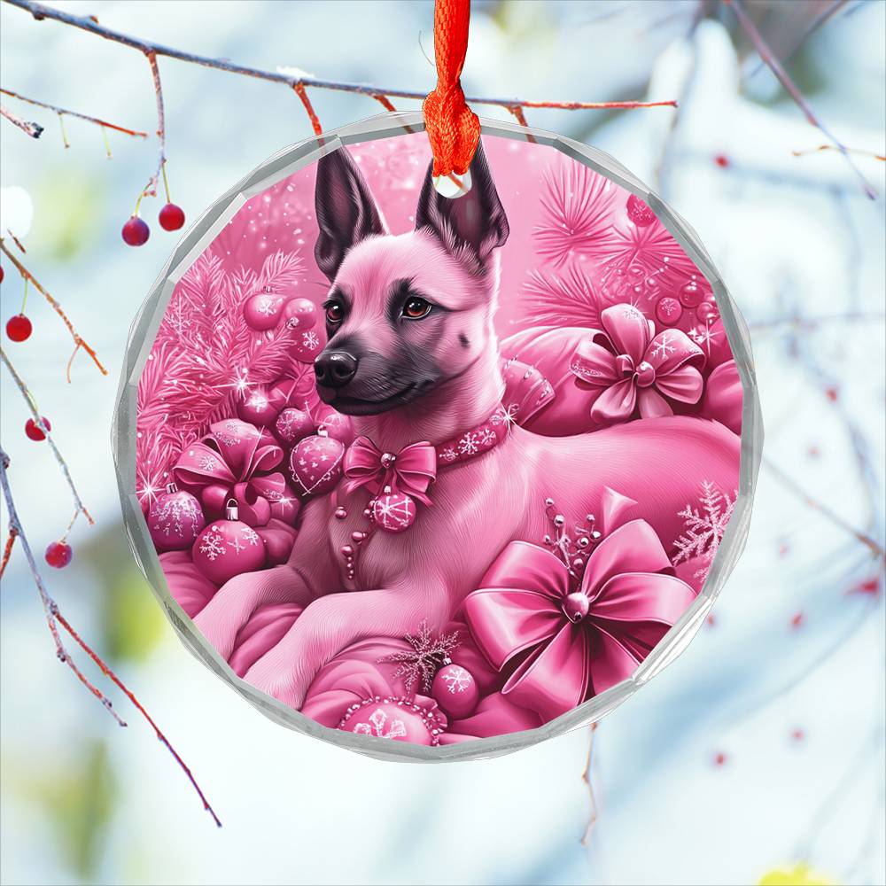 Belgian Malinoi Dog Pink Christmas Design 1 Glass Ornament
