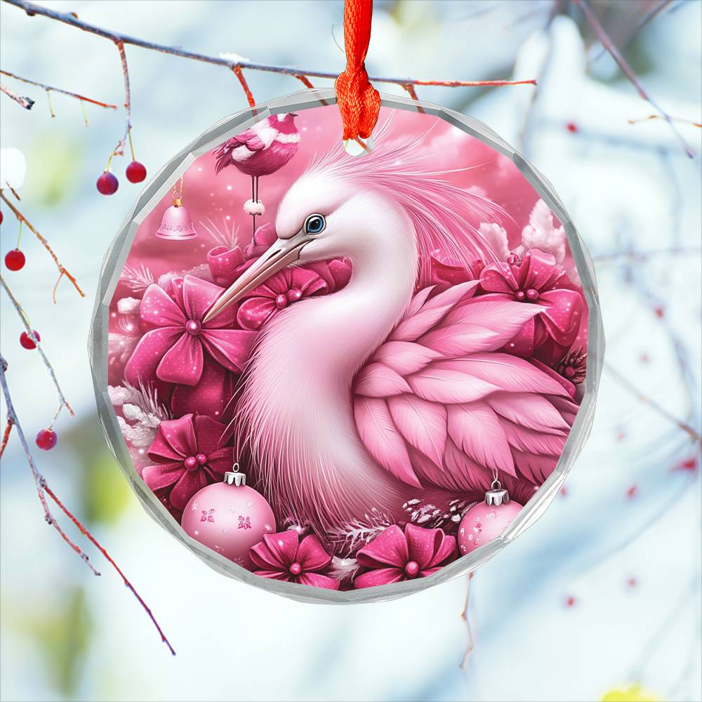 Heron Pink Christmas Design 1 Glass Ornament