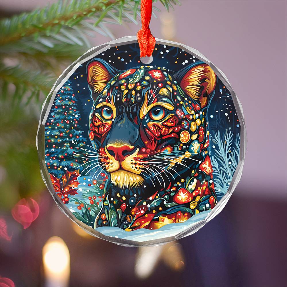 Beautiful Panther Christmas Night Design 1 Glass Ornament