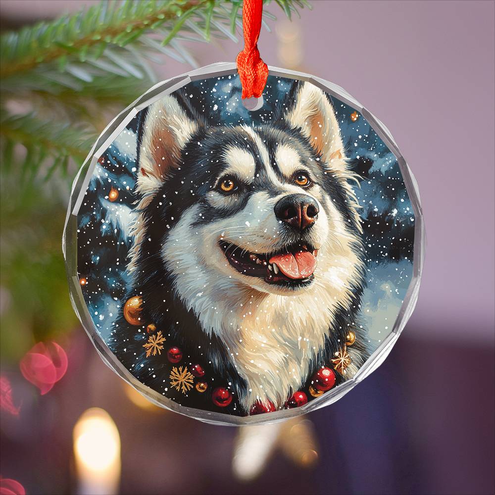 Beautiful Angus Huskie Dog Christmas Night Design 4 Glass Ornament