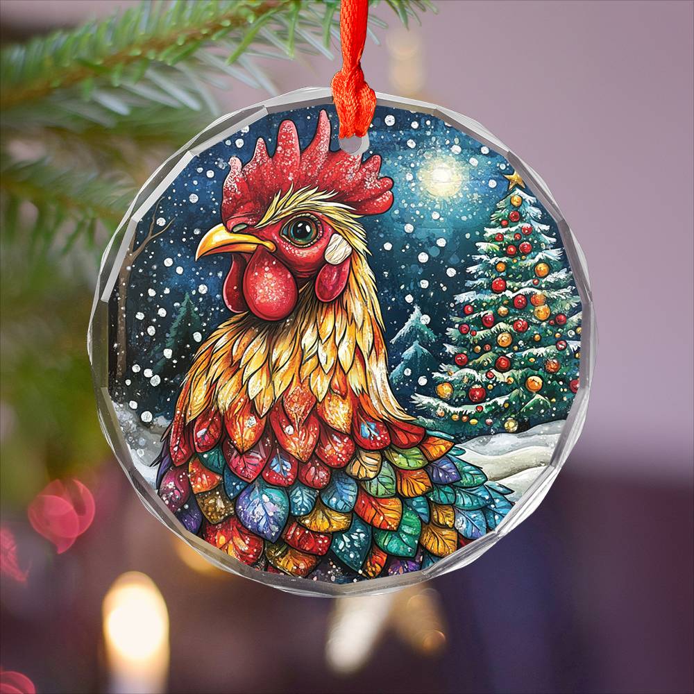 Beautiful Rooster Christmas Night Design 2 Glass Ornament