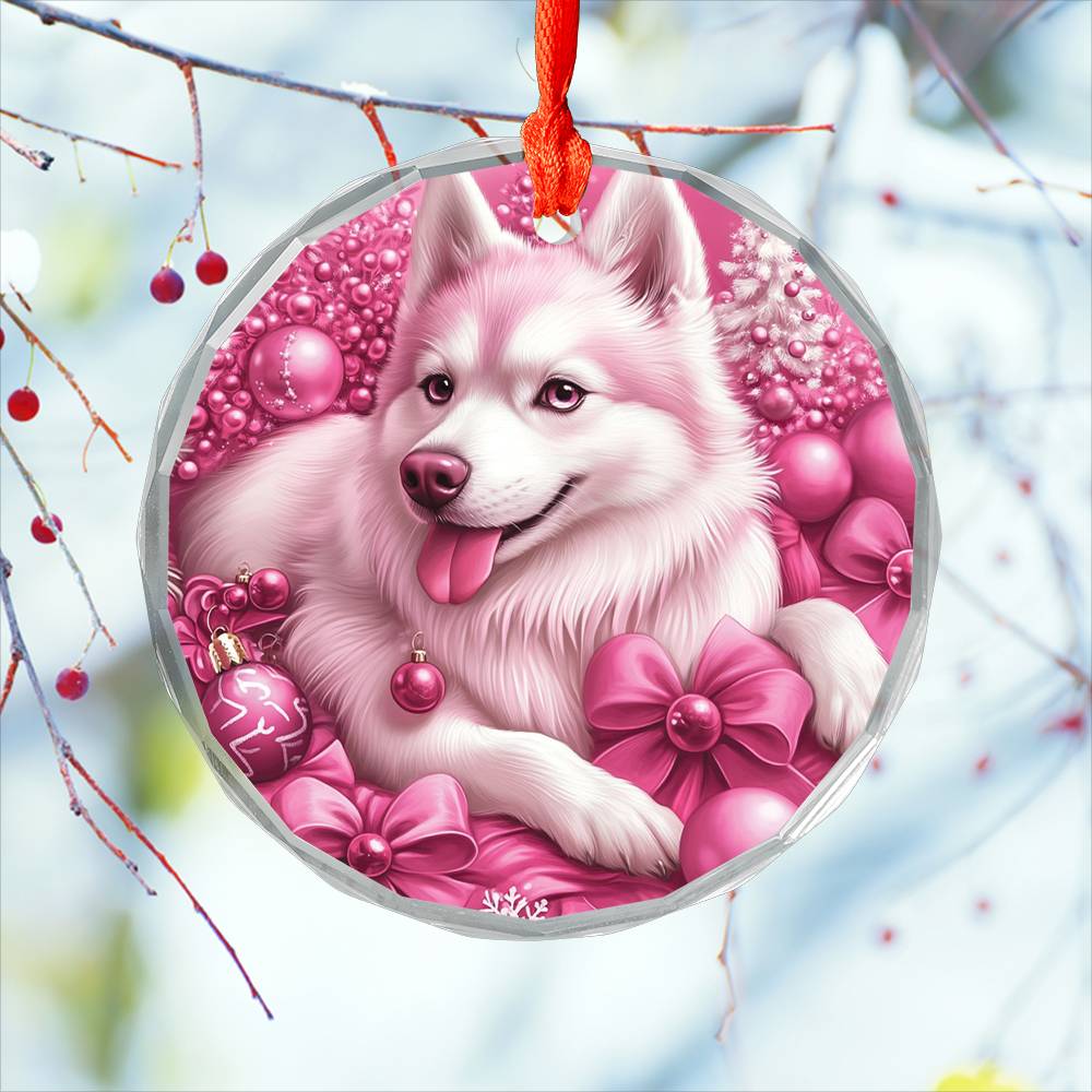 Siberian Huskie Dog Pink Christmas Design 3 Glass Ornament