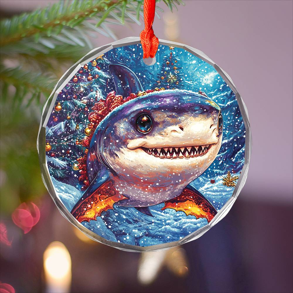 Beautiful Angus Shark Christmas Night Design 4 Glass Ornament
