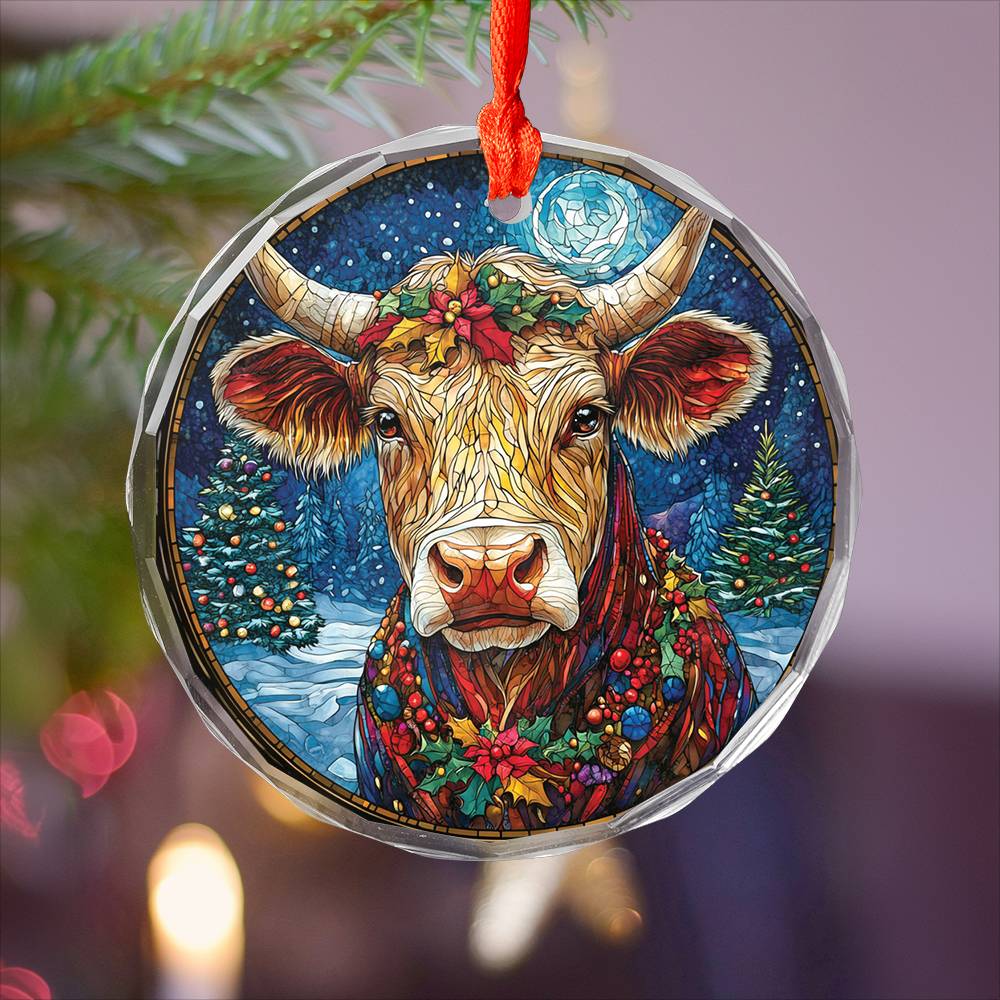Beautiful Angus Cow Christmas Night Design 2 Glass Ornament