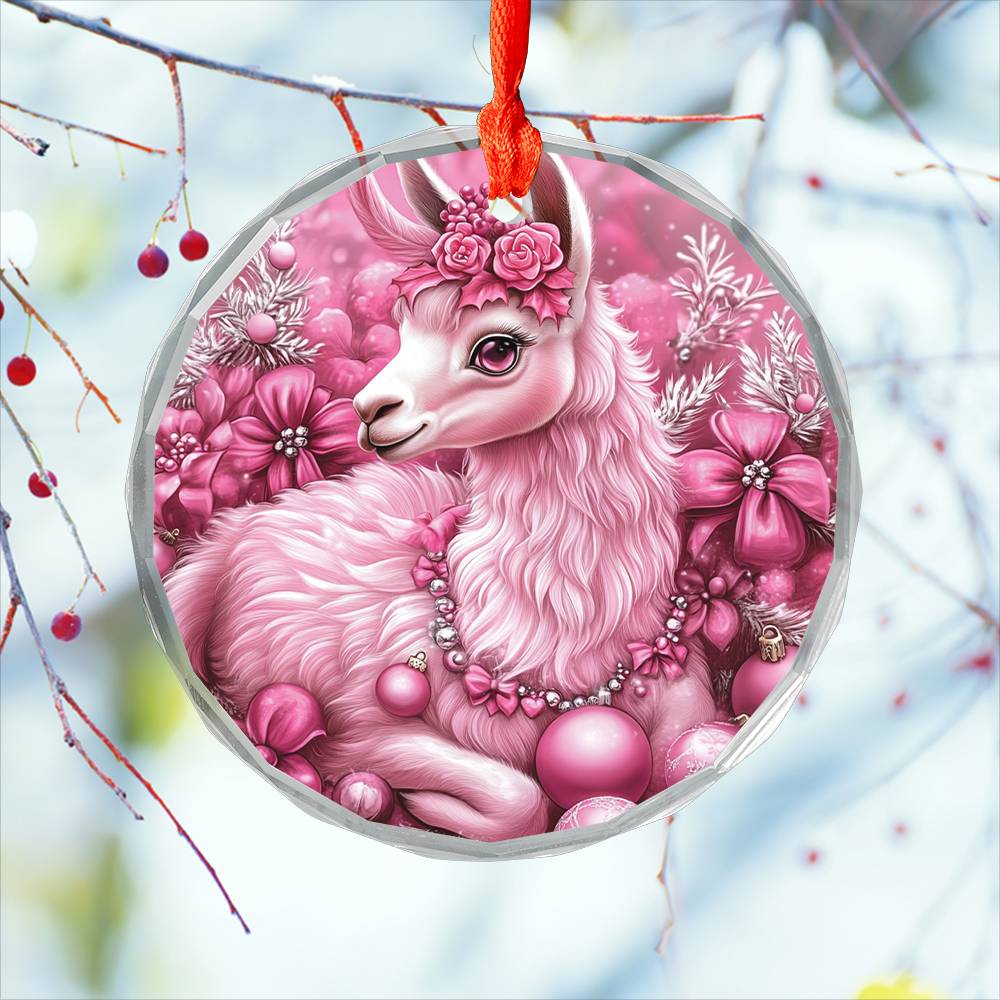 Llama Pink Christmas Design 3 Glass Ornament