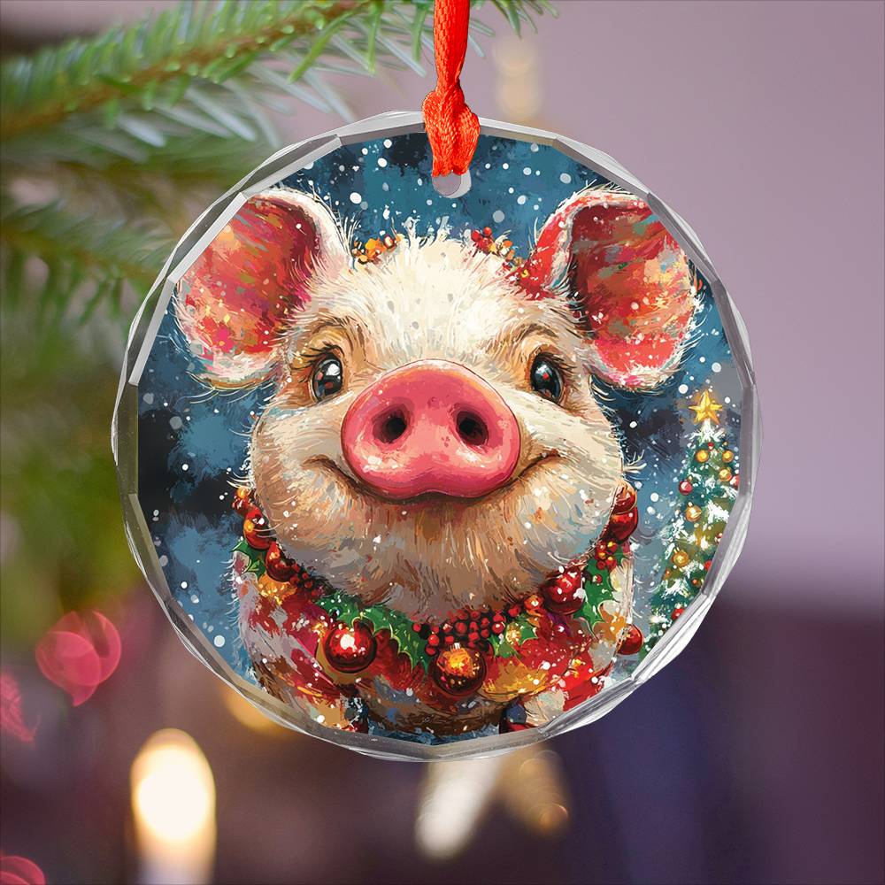 Beautiful Pig Christmas Night Design 2 Glass Ornament