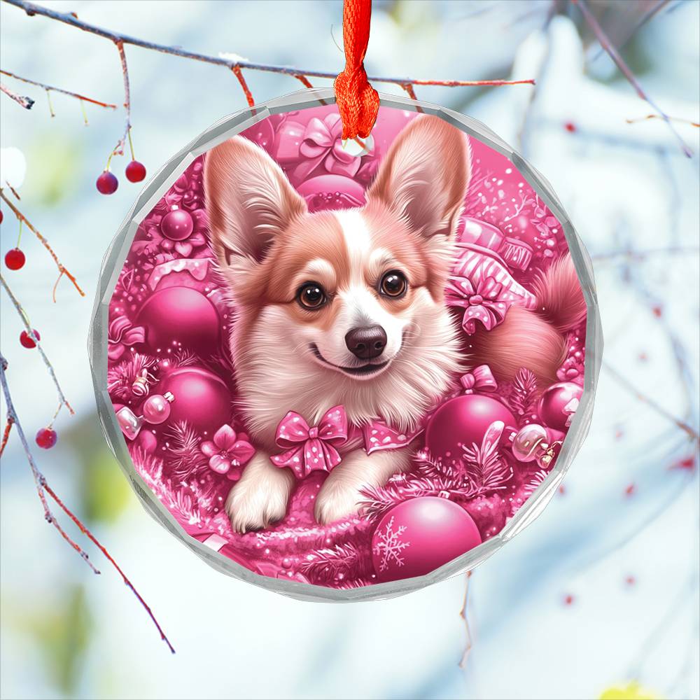 Pembroke Welsh Corgi Dog Pink Christmas Design 1 Glass Ornament