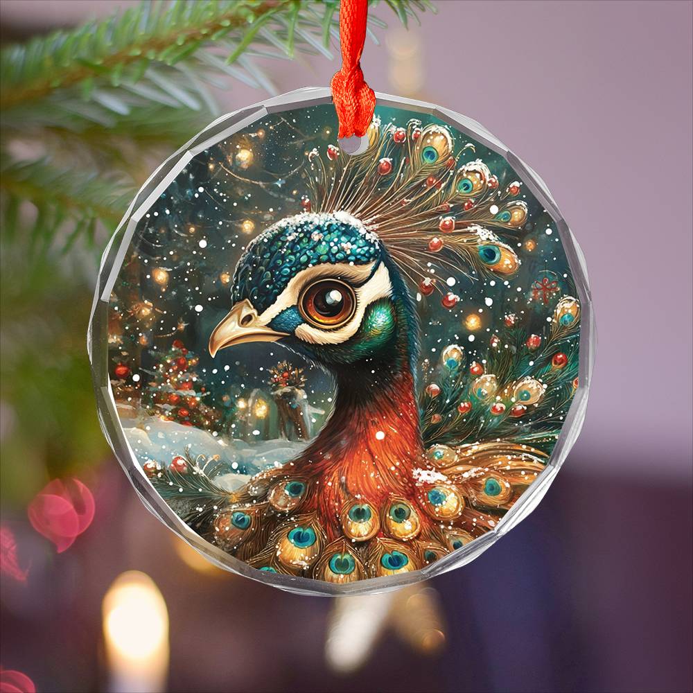 Beautiful Peacock Christmas Night Design 3 Glass Ornament