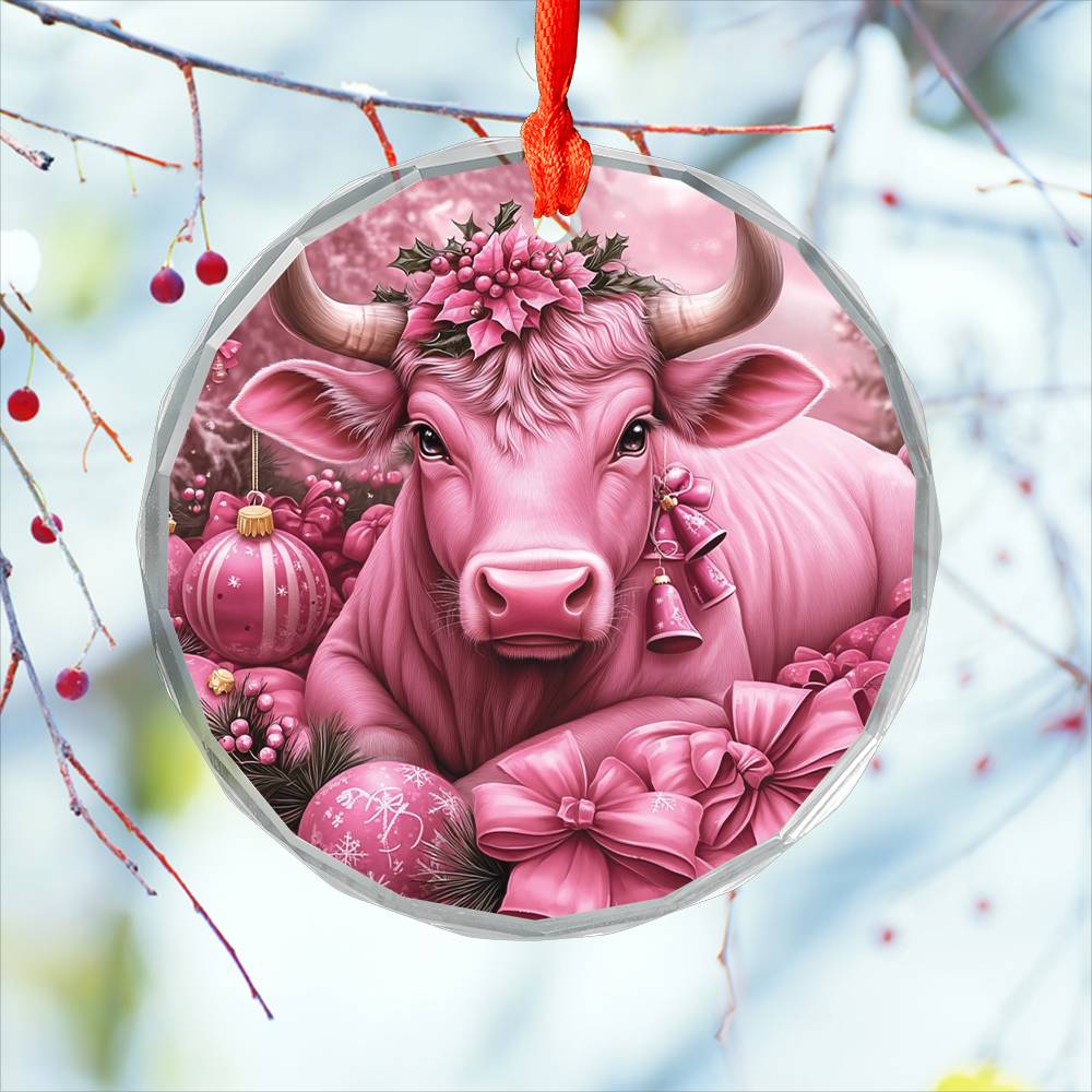 Bull Pink Christmas Design 1 Glass Ornament