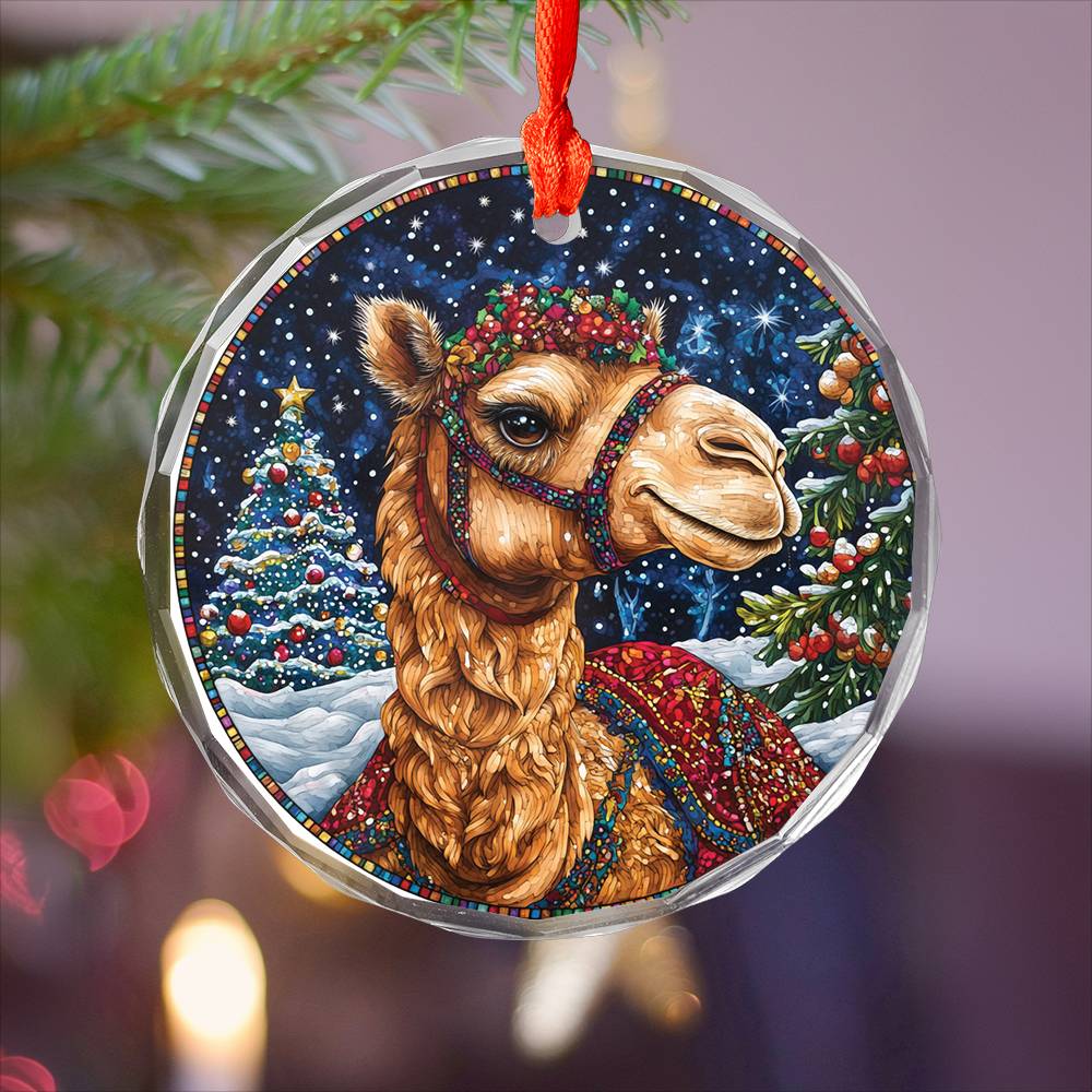 Beautiful Camel Christmas Night Design 2 Glass Ornament