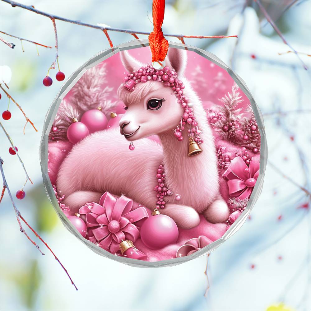 Alpaca Pink Christmas Design 2 Glass Ornament