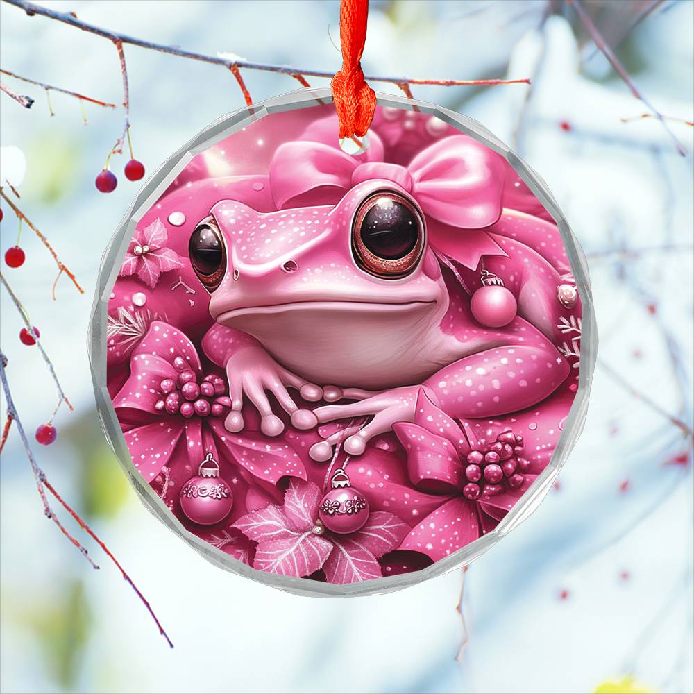 Frog Pink Christmas Design 2 Glass Ornament