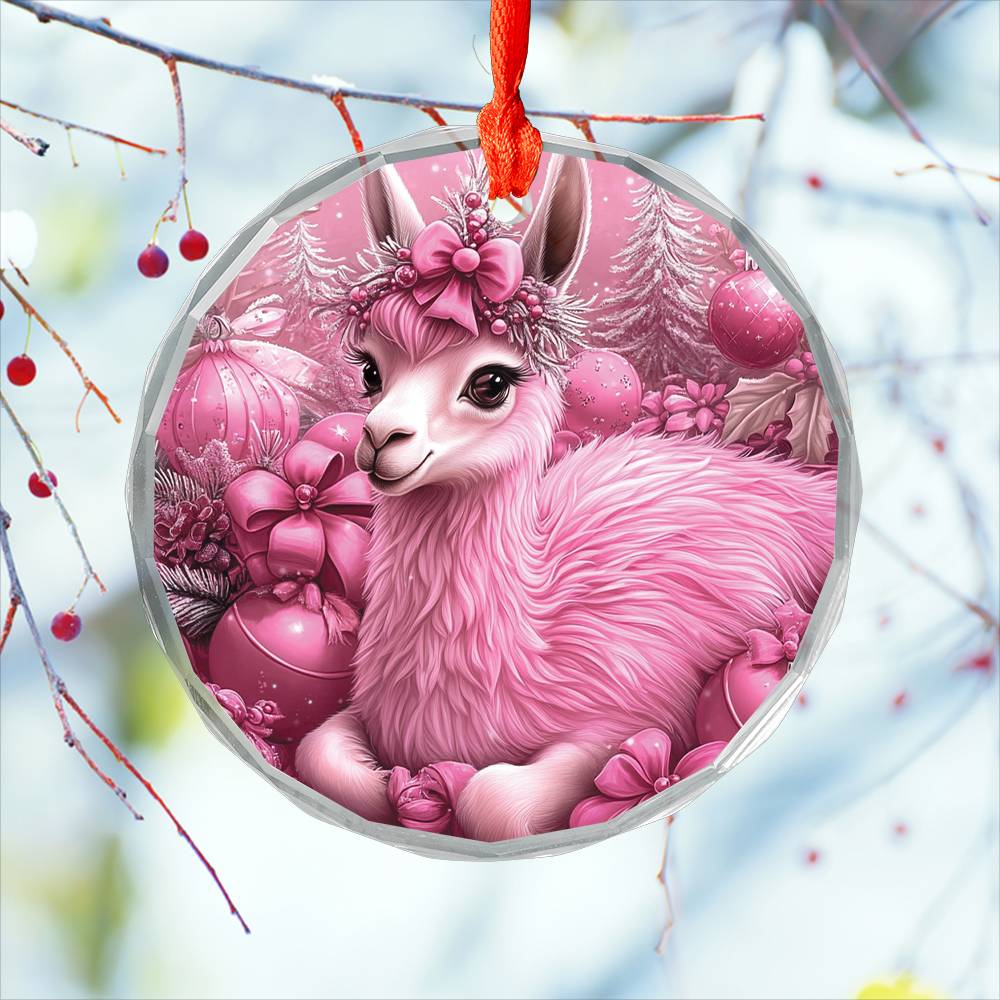 Llama Pink Christmas Design 2 Glass Ornament