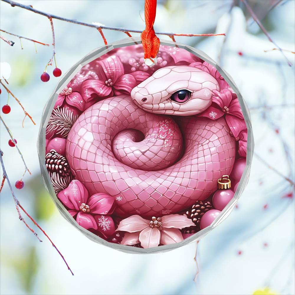 Snake Pink Christmas Design 4 Glass Ornament