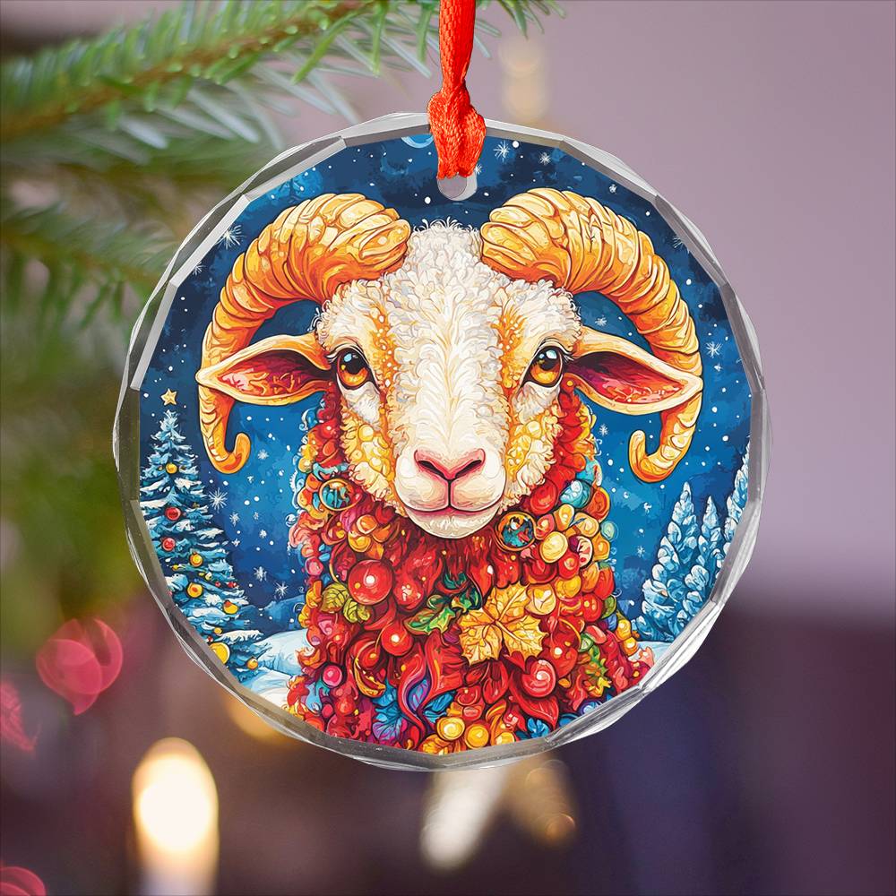 Beautiful Sheep Christmas Night Design 1 Glass Ornament