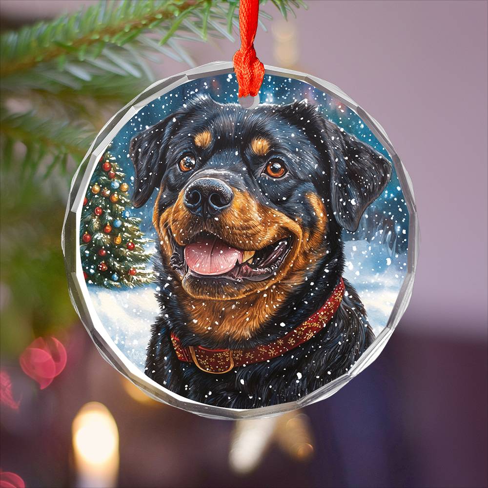 Beautiful Angus Rottweiler Dog Christmas Night Design 4 Glass Ornament