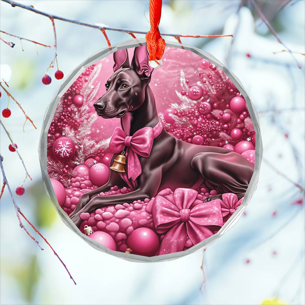 Doberman Pinscher Dog Pink Christmas Design 2 Glass Ornament