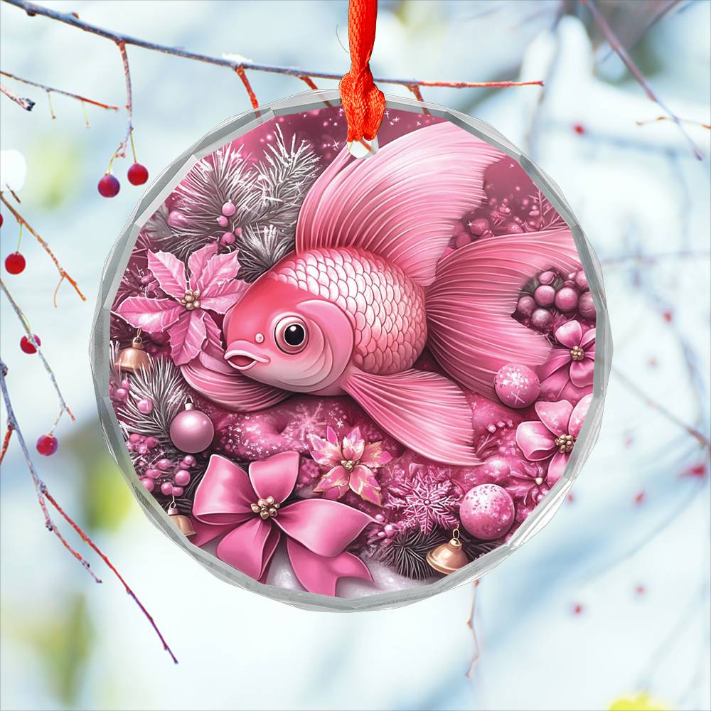 Goldfish Pink Christmas Design 3 Glass Ornament