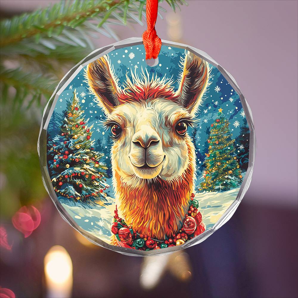 Beautiful Llama Christmas Night Design 1 Glass Ornament