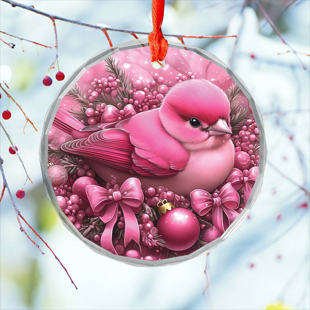 Finch Pink Christmas Design 1 Glass Ornament