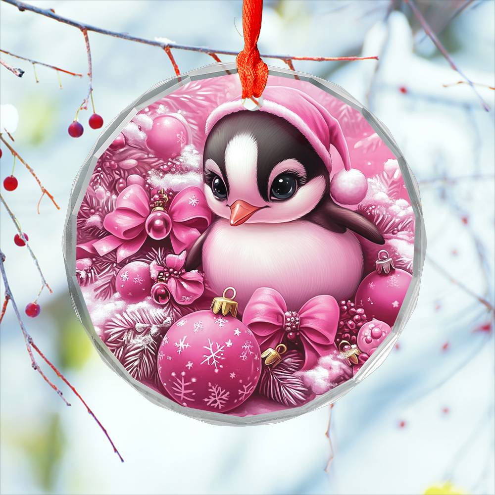 Penguin Pink Christmas Design 1 Glass Ornament
