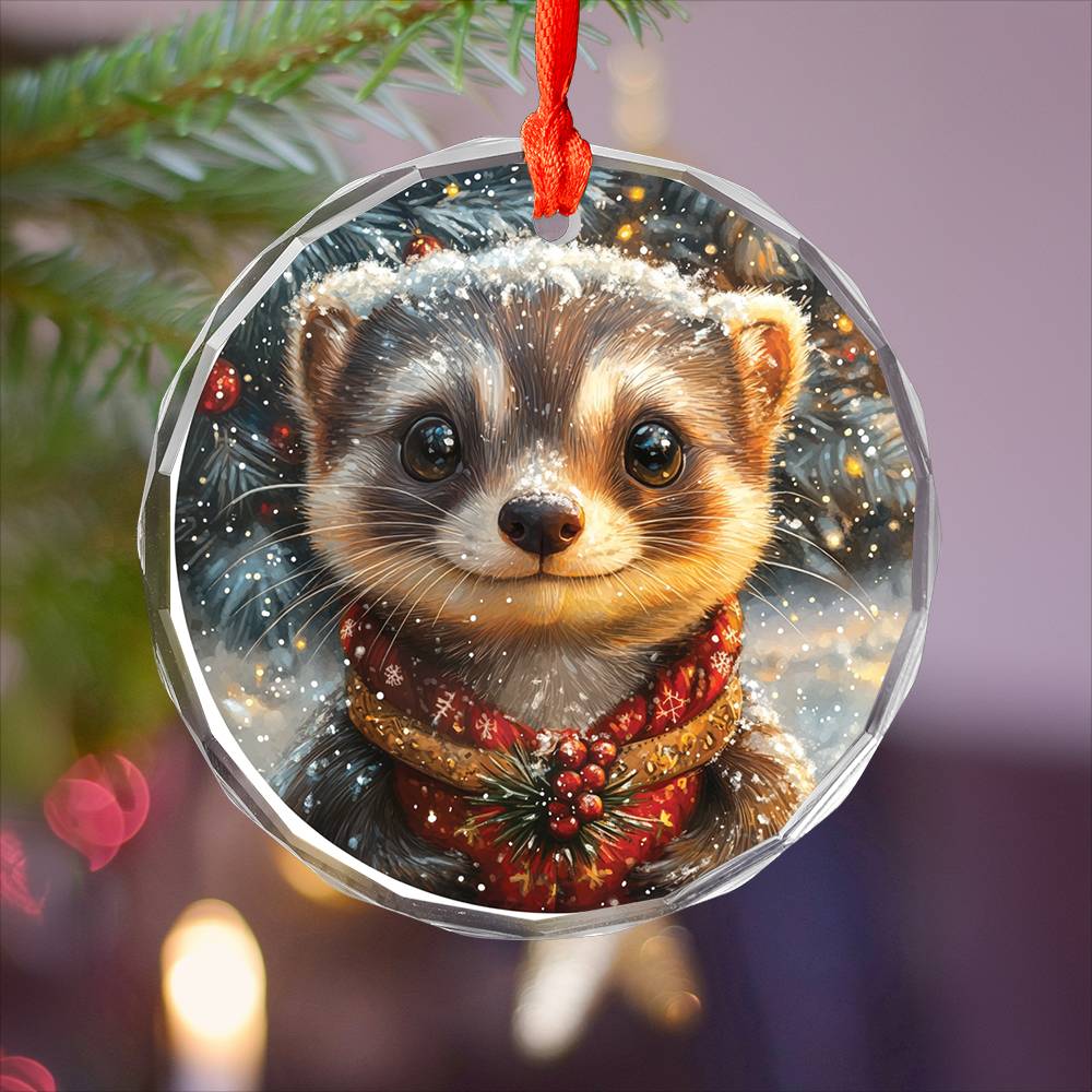Beautiful Ferret Christmas Night Design 2 Glass Ornament