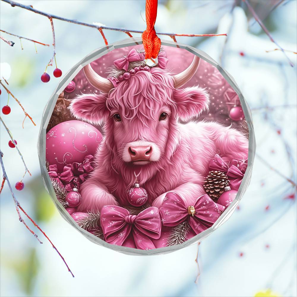 Highland Cow Pink Christmas Design 1 Glass Ornament