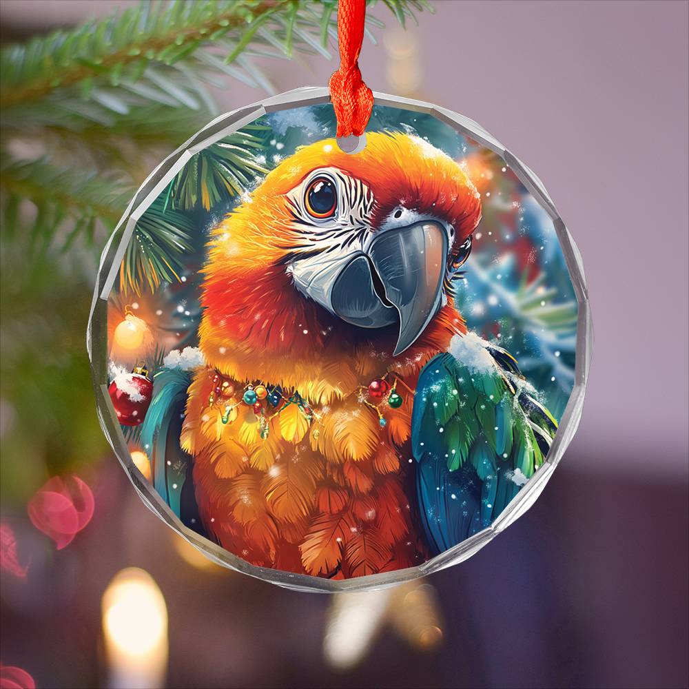 Beautiful Parrot Christmas Night Design 2 Glass Ornament