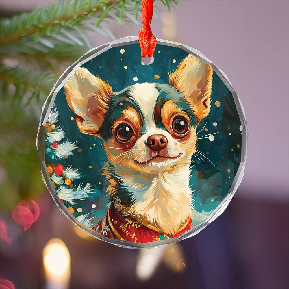 Beautiful Chihuahua Dog Christmas Night Design 1 Glass Ornament