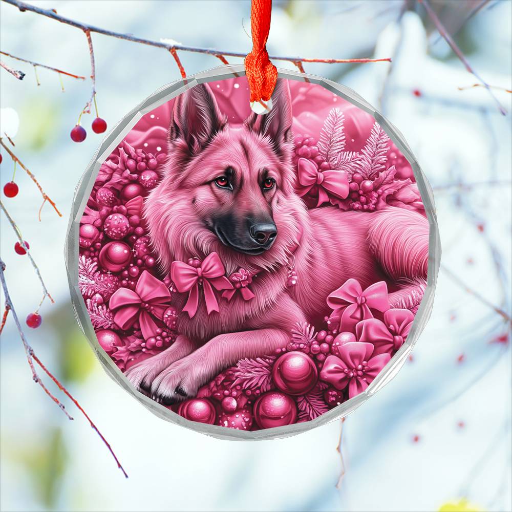 German Shepherd Dog Pink Christmas Design 1 Glass Ornament