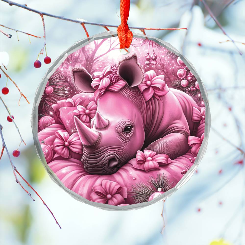 Rhino Pink Christmas Design 1 Glass Ornament