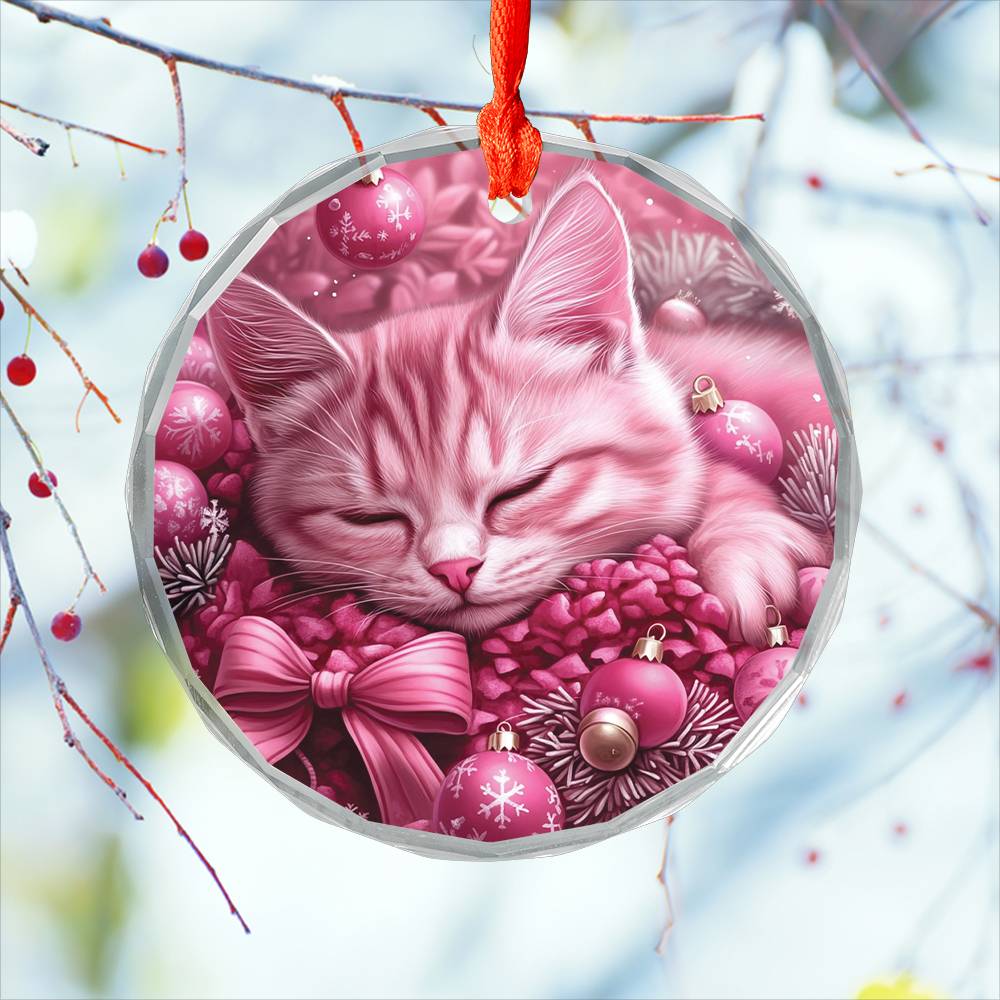 American Shorthair Pink Christmas Design 1 Glass Ornament